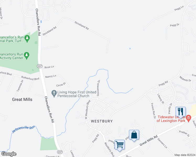 map of restaurants, bars, coffee shops, grocery stores, and more near 46128 Gooseneck Drive in Lexington Park