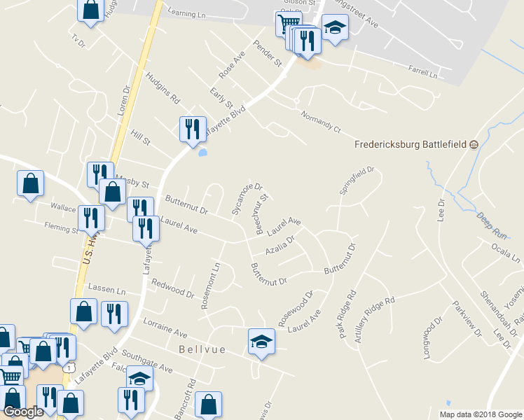 map of restaurants, bars, coffee shops, grocery stores, and more near 312 Beechnut Street in Fredericksburg