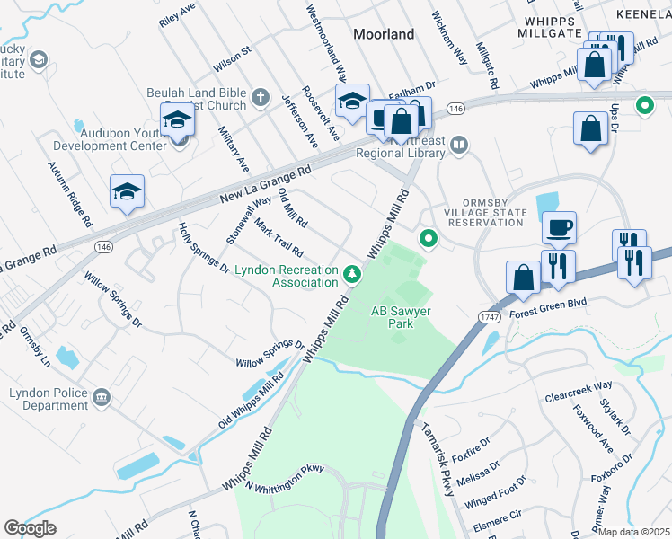 map of restaurants, bars, coffee shops, grocery stores, and more near 1300 Old Mill Road in Louisville