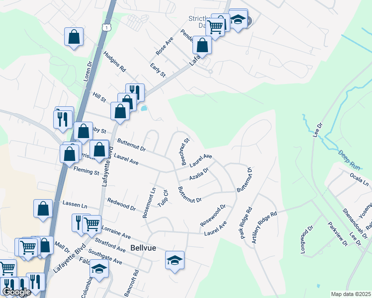 map of restaurants, bars, coffee shops, grocery stores, and more near 312 Beechnut Street in Fredericksburg