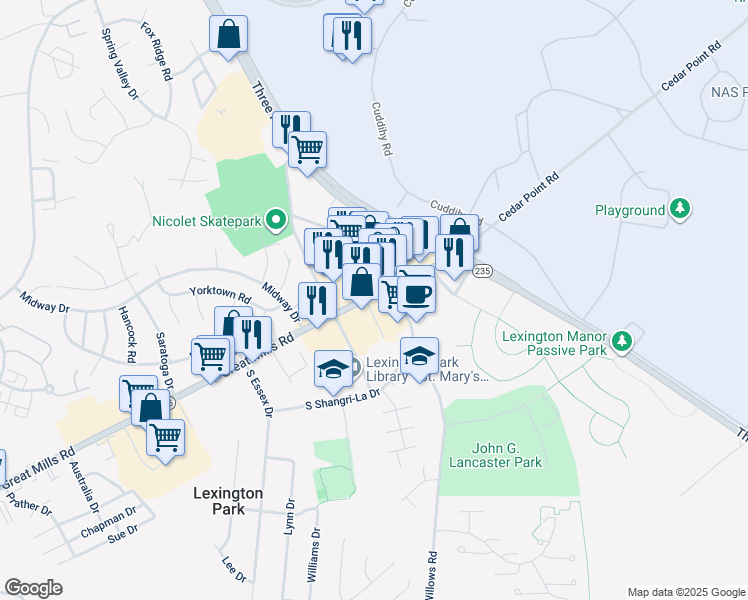 map of restaurants, bars, coffee shops, grocery stores, and more near 21722 Great Mills Road in Lexington Park
