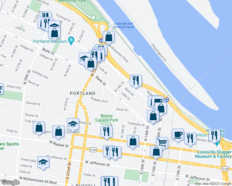 map of restaurants, bars, coffee shops, grocery stores, and more near 1851 Bank Street in Louisville