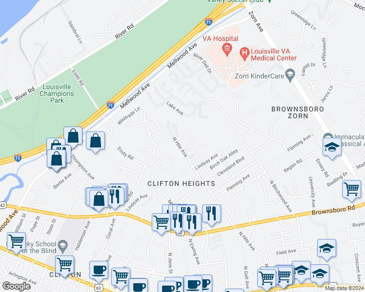 map of restaurants, bars, coffee shops, grocery stores, and more near 721 North Hite Avenue in Louisville