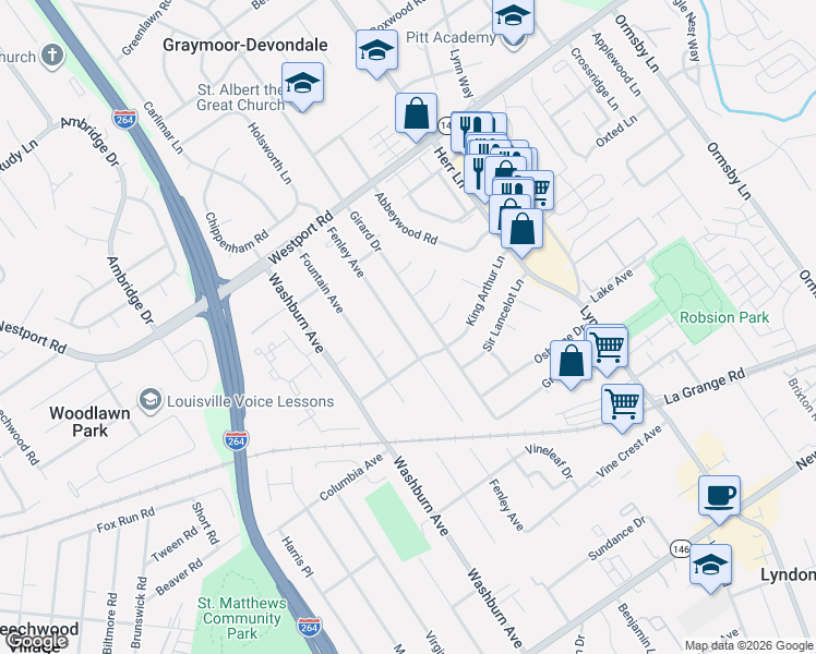 map of restaurants, bars, coffee shops, grocery stores, and more near 1005 Fenley Avenue in Louisville