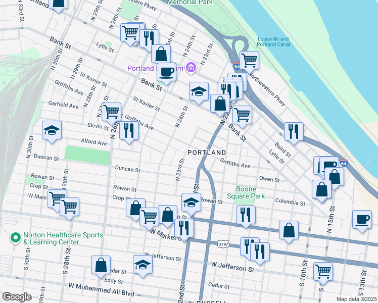 map of restaurants, bars, coffee shops, grocery stores, and more near 349 North 23rd Street in Louisville