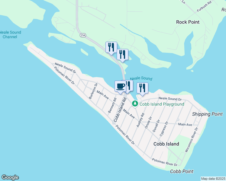 map of restaurants, bars, coffee shops, grocery stores, and more near 12102 Neale Sound Drive in Cobb Island