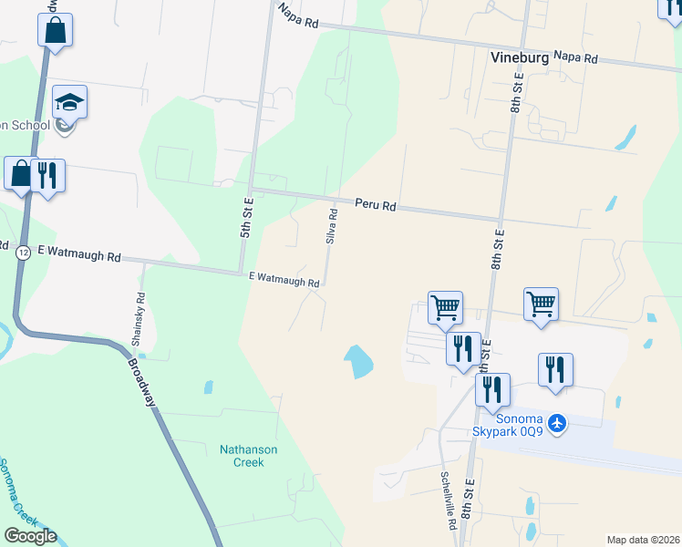 map of restaurants, bars, coffee shops, grocery stores, and more near 21200-21206 Silva Road in Sonoma