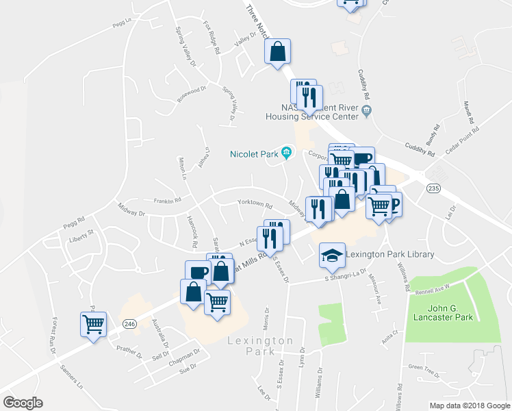 map of restaurants, bars, coffee shops, grocery stores, and more near 46627 Yorktown Road in Lexington Park