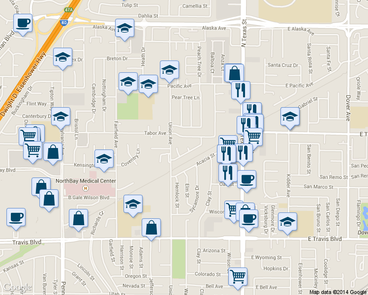 map of restaurants, bars, coffee shops, grocery stores, and more near 506 Cottonwood Court in Fairfield