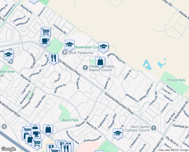 map of restaurants, bars, coffee shops, grocery stores, and more near 1761 Brompton Street in Petaluma