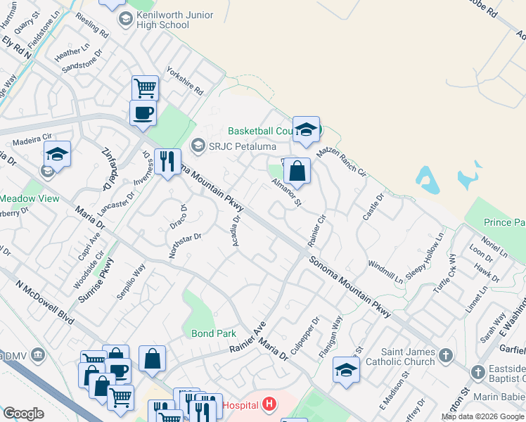 map of restaurants, bars, coffee shops, grocery stores, and more near 580 Sonoma Mountain Parkway in Petaluma