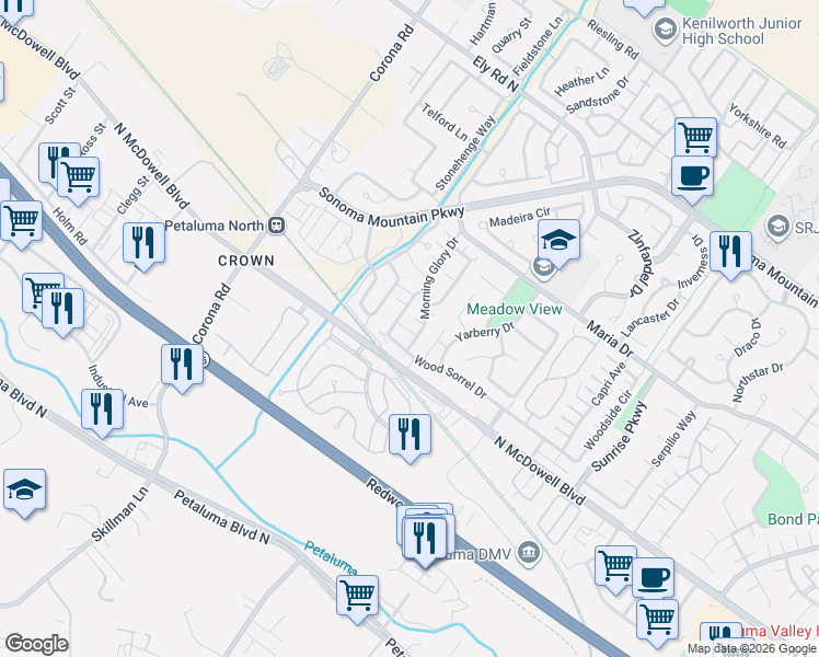 map of restaurants, bars, coffee shops, grocery stores, and more near 934 Wood Sorrel Drive in Petaluma