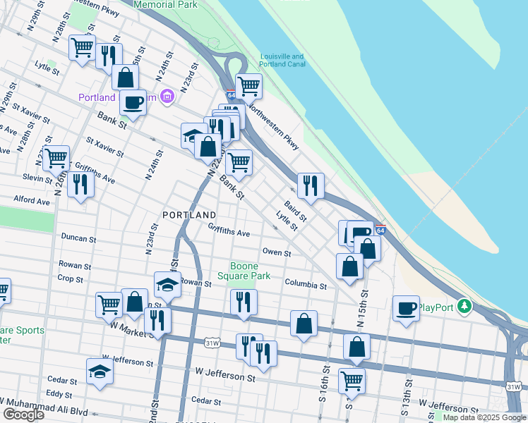 map of restaurants, bars, coffee shops, grocery stores, and more near 512 North 19th Street in Louisville