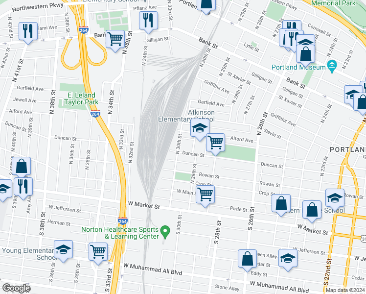 map of restaurants, bars, coffee shops, grocery stores, and more near 321 North 30th Street in Louisville