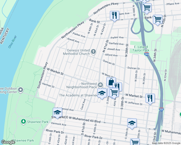 map of restaurants, bars, coffee shops, grocery stores, and more near 100 South 42nd Street in Louisville