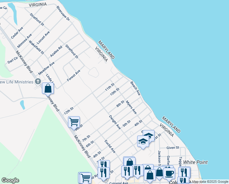 map of restaurants, bars, coffee shops, grocery stores, and more near 105 10th Street in Colonial Beach