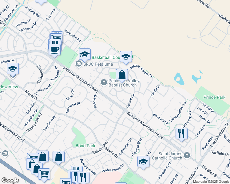map of restaurants, bars, coffee shops, grocery stores, and more near 1761 Brompton Street in Petaluma