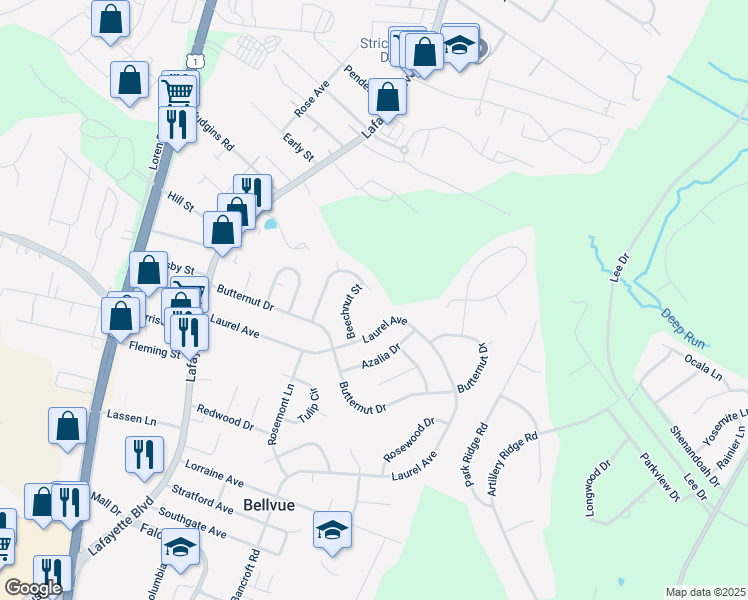 map of restaurants, bars, coffee shops, grocery stores, and more near 328 Sycamore Drive in Fredericksburg