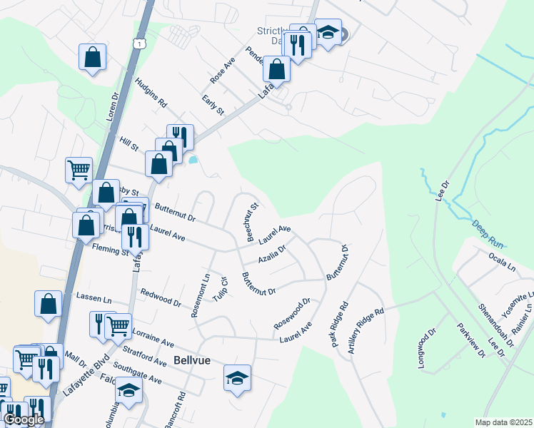 map of restaurants, bars, coffee shops, grocery stores, and more near 328 Sycamore Drive in Fredericksburg