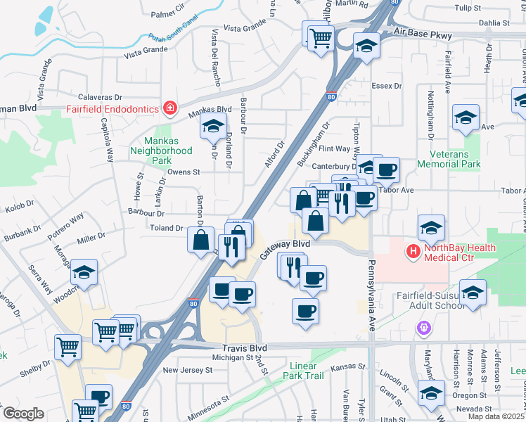 map of restaurants, bars, coffee shops, grocery stores, and more near 1900 Buckingham Drive in Fairfield