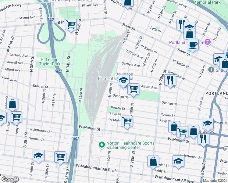 map of restaurants, bars, coffee shops, grocery stores, and more near 2913 Duncan Street in Louisville