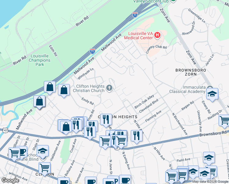 map of restaurants, bars, coffee shops, grocery stores, and more near 721 North Hite Avenue in Louisville