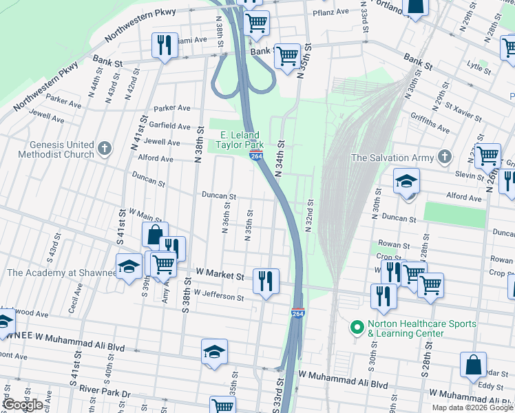 map of restaurants, bars, coffee shops, grocery stores, and more near 3421 Duncan Street in Louisville