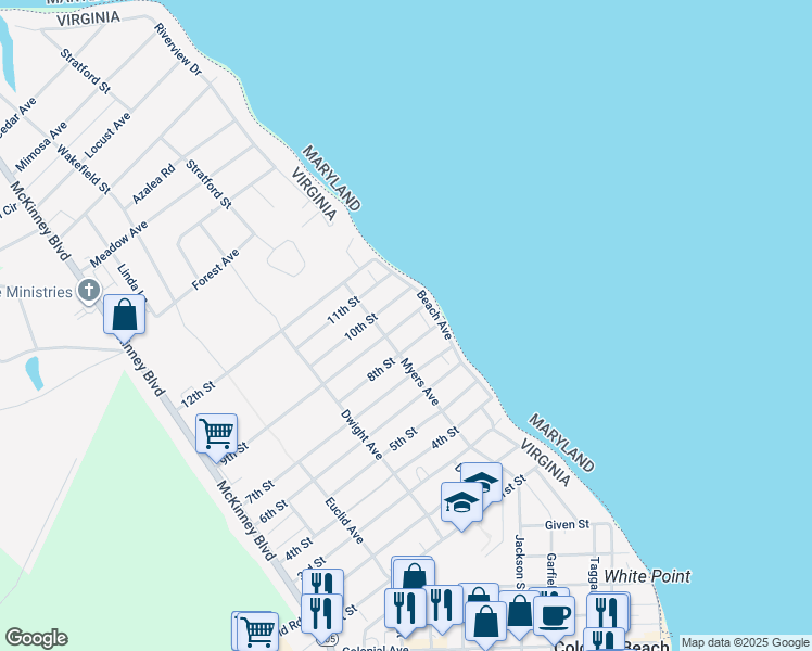 map of restaurants, bars, coffee shops, grocery stores, and more near 56 9th Street in Colonial Beach