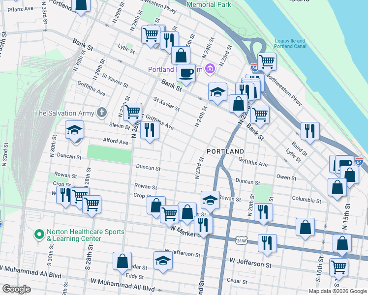 map of restaurants, bars, coffee shops, grocery stores, and more near 2330 Griffiths Avenue in Louisville