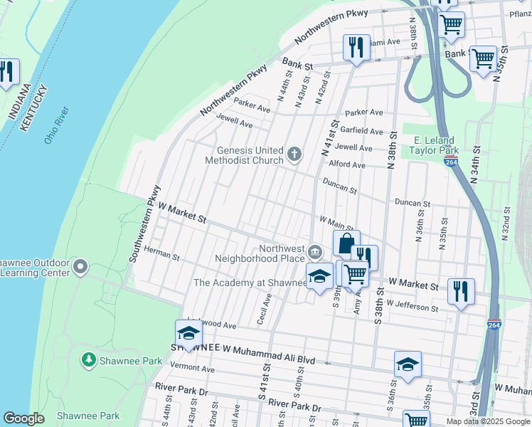 map of restaurants, bars, coffee shops, grocery stores, and more near 100 South 42nd Street in Louisville