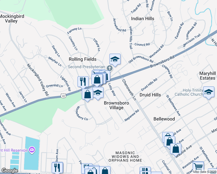 map of restaurants, bars, coffee shops, grocery stores, and more near 3646 Brownsboro Road in Louisville