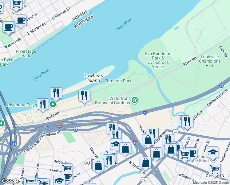 map of restaurants, bars, coffee shops, grocery stores, and more near 1515 River Road in Louisville