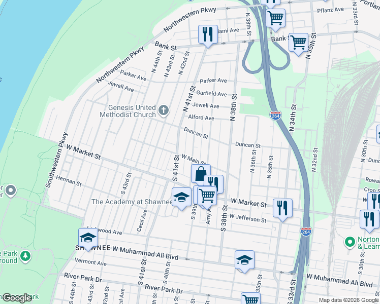 map of restaurants, bars, coffee shops, grocery stores, and more near 120 North 40th Street in Louisville