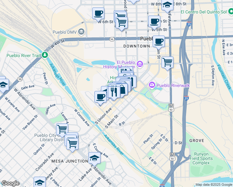map of restaurants, bars, coffee shops, grocery stores, and more near 162-198 W D St in Pueblo