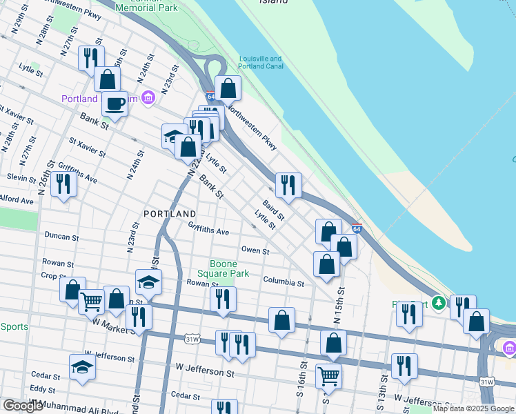 map of restaurants, bars, coffee shops, grocery stores, and more near 1839 Baird Street in Louisville