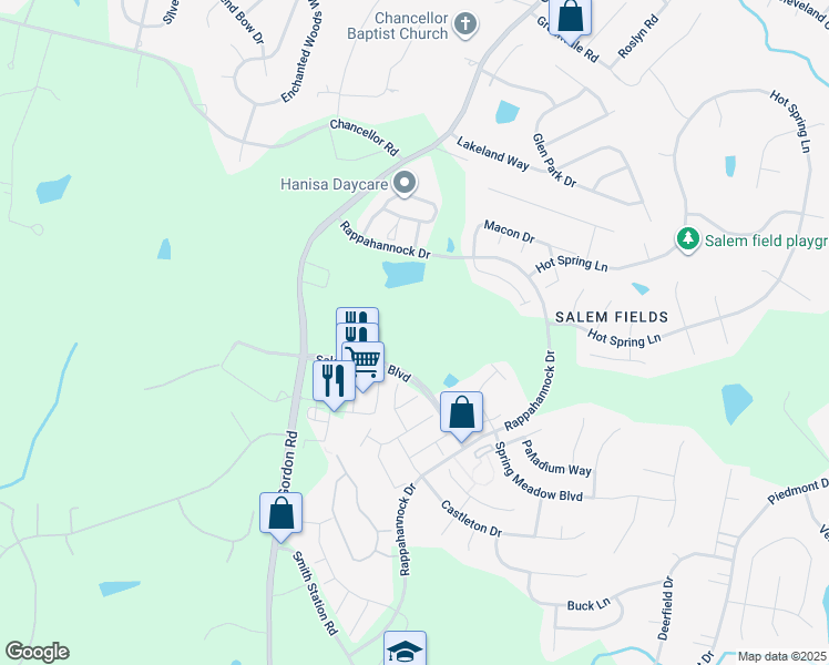 map of restaurants, bars, coffee shops, grocery stores, and more near 11301 Lynchburg Drive in Fredericksburg