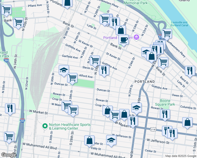 map of restaurants, bars, coffee shops, grocery stores, and more near 343 North 26th Street in Louisville