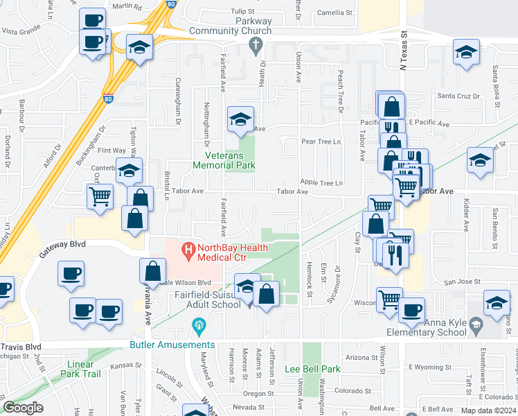map of restaurants, bars, coffee shops, grocery stores, and more near 835 Coventry Lane in Fairfield