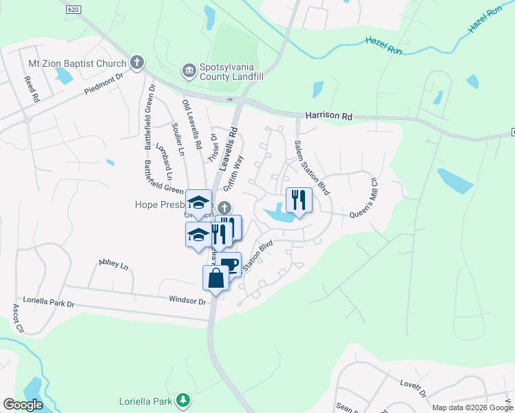 map of restaurants, bars, coffee shops, grocery stores, and more near 1 Summerlake Boulevard in Fredericksburg