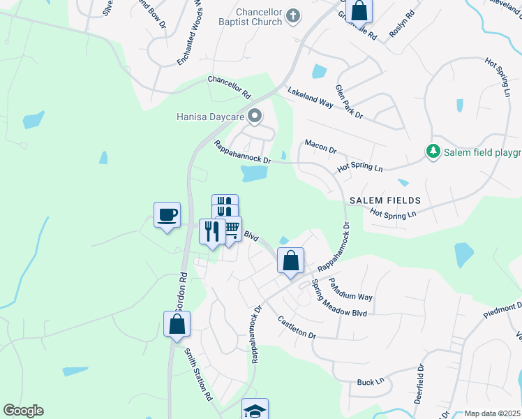 map of restaurants, bars, coffee shops, grocery stores, and more near 11301 Lynchburg Drive in Fredericksburg