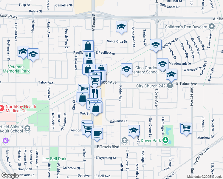 map of restaurants, bars, coffee shops, grocery stores, and more near 307 East Tabor Avenue in Fairfield