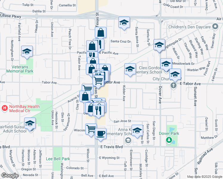map of restaurants, bars, coffee shops, grocery stores, and more near 207 East Tabor Avenue in Fairfield