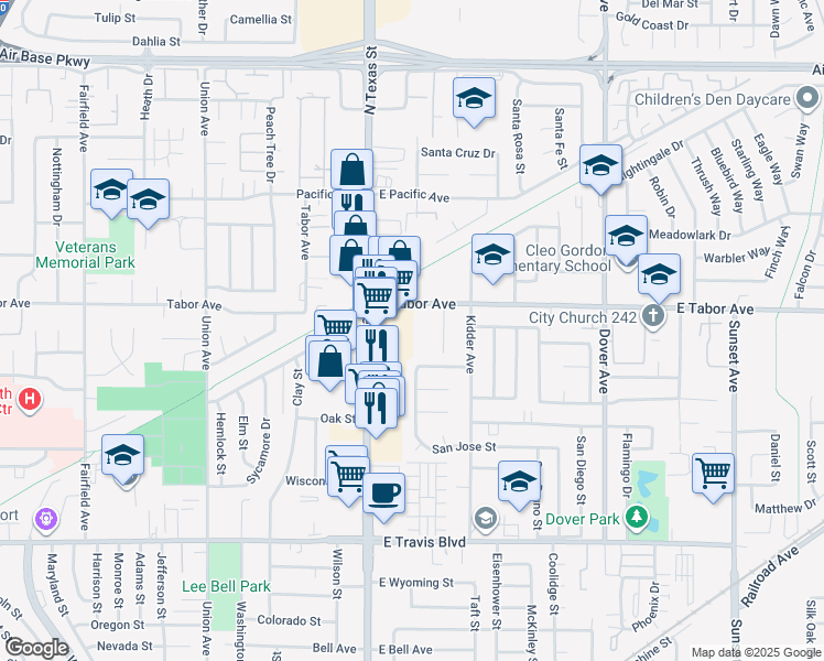 map of restaurants, bars, coffee shops, grocery stores, and more near 207 East Tabor Avenue in Fairfield