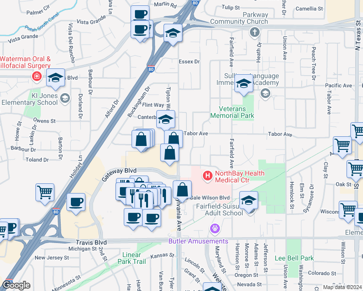 map of restaurants, bars, coffee shops, grocery stores, and more near 1231 Tabor Avenue in Fairfield