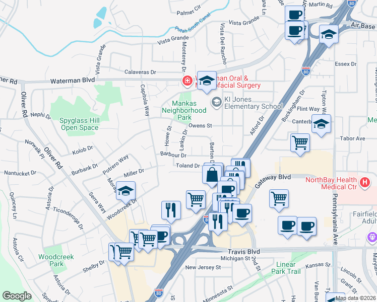map of restaurants, bars, coffee shops, grocery stores, and more near 1739 Markham Court in Fairfield