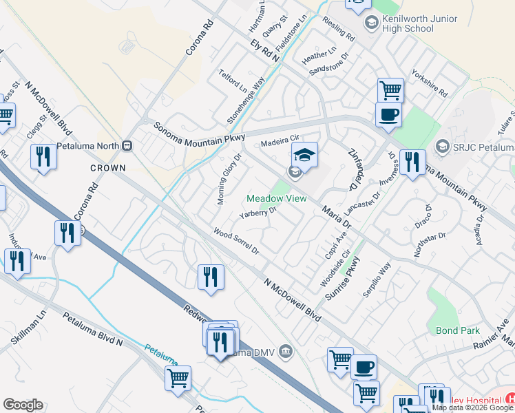 map of restaurants, bars, coffee shops, grocery stores, and more near 1415 Dupree Way in Petaluma