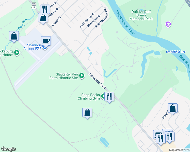map of restaurants, bars, coffee shops, grocery stores, and more near 11211 Tidewater Trail in Fredericksburg