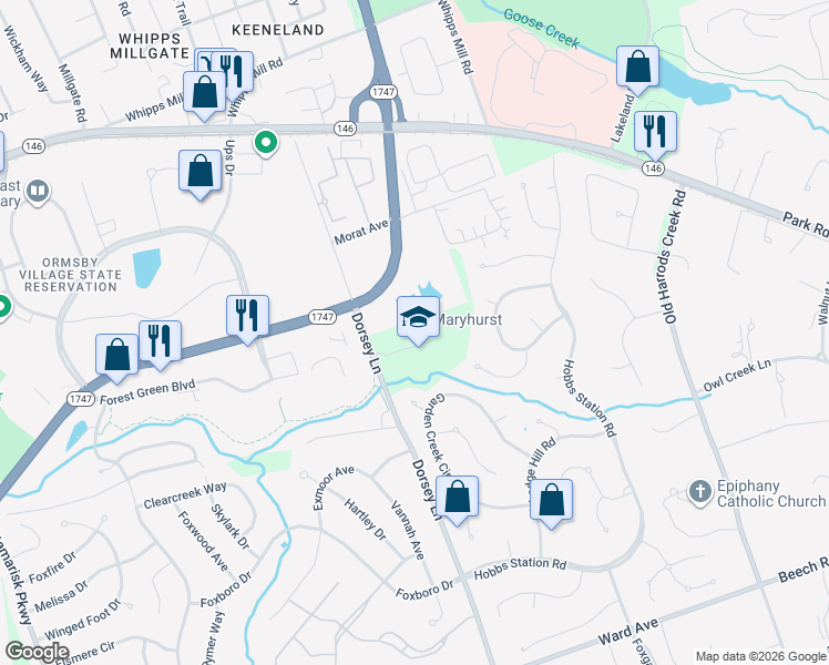 map of restaurants, bars, coffee shops, grocery stores, and more near 1015 Dorsey Lane in Louisville