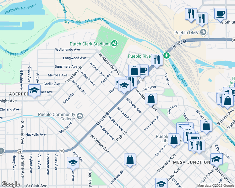 map of restaurants, bars, coffee shops, grocery stores, and more near 736 West Evans Avenue in Pueblo