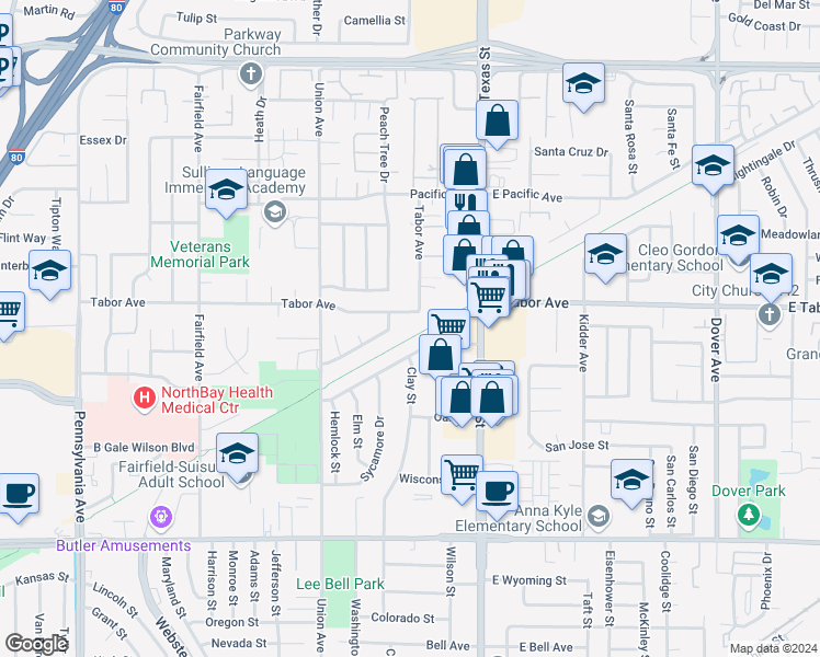 map of restaurants, bars, coffee shops, grocery stores, and more near 427 Tabor Avenue in Fairfield